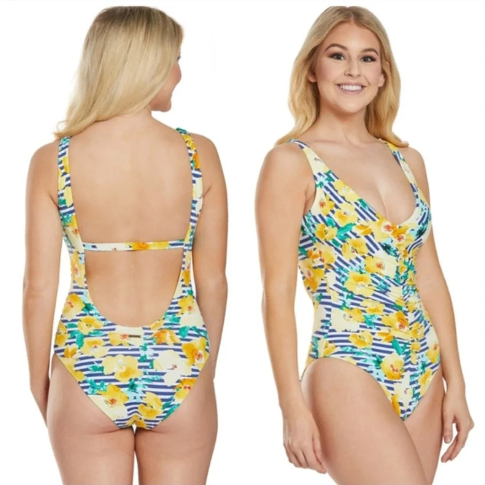 SKYE Primavera Yellow Floral Blue & White Striped One Piece Monokini Size Large